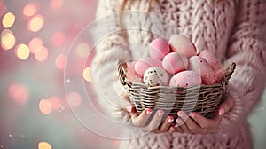 A girl holds a basket of Easter eggs in her hands