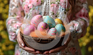 A girl holds a basket of Easter eggs in her hands