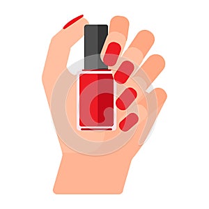Girl holds bottle of varnish in her hand. Female hands with nail polish. Coat your fingernails with red varnish. Vector