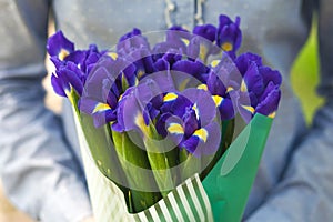 Girl holds a bouquet with irises, on a background of green grass