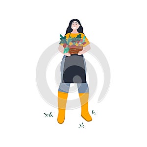 Girl holds a box with fresh organic vegetables. Girl works on the farm. Organic healthy food, farmer`s market. Cartoon