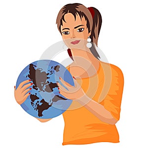 A girl holds the earth in his hands