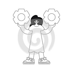 Girl holds gears in hands. Linear illustration in vector.