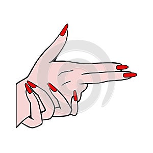 Girl holds hands like a gun icon, Vector illustration in sketch style . Making aggression signal by