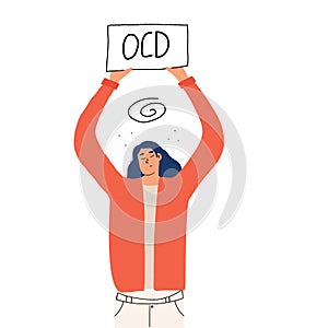 The girl holds in her hands a sign with the words OCD. Concept on obsessive compulsive disorder. Vector hand-drawn illustration