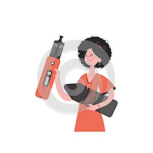 The girl holds in her hands a system for vaping. Flat style. Isolated. Vector illustration.