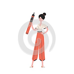 The girl holds in her hands a system for vaping. Trendy style with soft neutral colors. Isolated. Vector illustration.