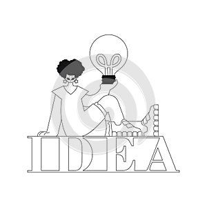Girl holds lightbulb idea, linear style. Vectored illustration.