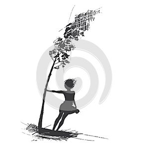 Girl holds onto a tree, the wind blows strong. Sketch photo