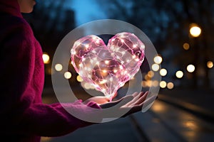 Girl holds pink heart made of lights in her hands. Generative AI