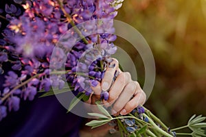 Girl holds purple lupins. Wellness closeness to nature. Self-discovery and connecting with nature concept.