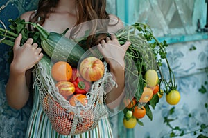 A girl holds a string bag full of fruits and vegetables, environmental habits and reducing plastic waste. Generative AI