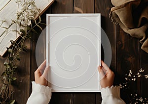 Girl holds a white poster with white frame mockup in her hands with green plants around on wooden background