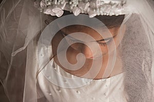 Girl in Holy Communion Dress with a veil