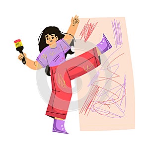 Girl Hooligan with Bad Behavior Painting on Wall with Brush Vector Illustration