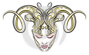Girl with horns of a ram drawn in tattoo style