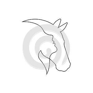 The girl and the horse are drawn in one line. The concept of love and protection of animals. Design for logo, tattoo