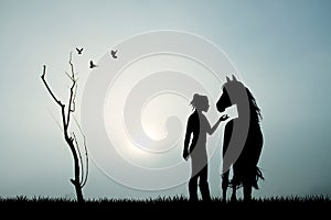 Girl and horse in the fog