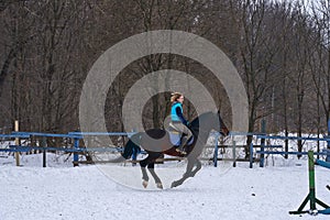 A girl on a horse jumps gallops. A girl trains riding a horse in a small paddock. A cloudy winter day