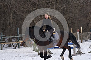 A girl on a horse jumps gallops. A girl trains riding a horse in a small paddock. A cloudy winter day