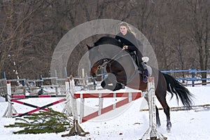 A girl on a horse jumps over the barrier. Training girl jockey riding a horse. A cloudy winter day