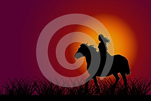 Girl on horse at sunset. Horse with rider silhouette on sundown sky background.