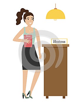 Girl hostess with a badge at the stand in the restaurant with a menu in his hands