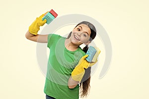 girl housecleaner do chores isolated on white. girl housecleaner do chores in studio.