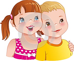 Girl hug a boy - cute kids looking up and smiling happily. Vector illustration