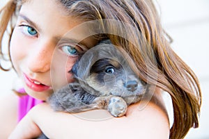 Girl hug a little puppy dog gray hairy chihuahua