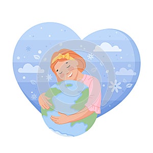 Girl hug planet. Kid hugs earth, environment care eco protection save world, child friendly embrace globe, clean ecology