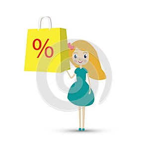 Girl with huge shopping paper bag with sale symbol on it