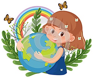 A girl hugging earth globe in cartoon style