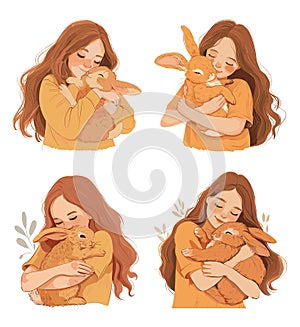 Girl hugging rabbit cartoon style vector illustrations. Animals love embrace tenderness affection concepts isolated on