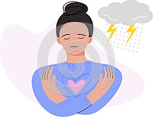 The girl hugging self for reducing anxiety and depression. self care concept. flat vector illustration