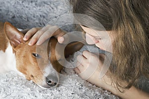 The girl hugs the basenji dog