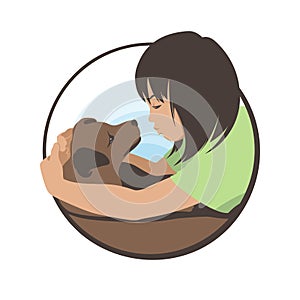 The girl hugs her beloved dog and admires her. Logo design. Stock Vector Illustration
