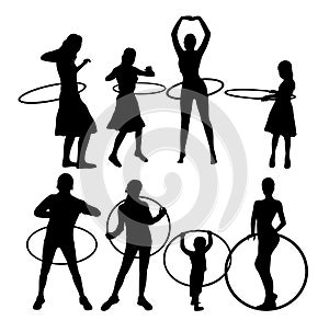 Happy Girls with Hula Hoop Sport Activity Silhouettes, art vector design