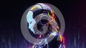 Girl humanoid in headphones in neon style on a dark background.