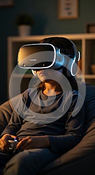 Young Girl Immersed in Virtual Reality Gaming at Home