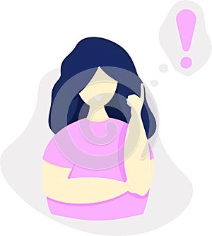 Girl with index finger at the head remembering something, vector flat illustration
