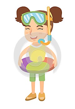 Girl with inflatable ring, diving mask and snorkel