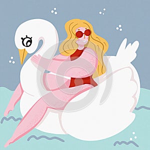 Girl on an inflatable swan. Summer illustration. image in blue ocean waves with modern calligraphy Best Summer isolated
