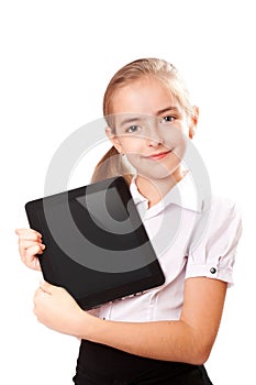 Girl with ipad like gadget