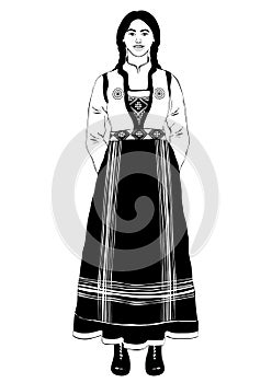 Girl in Italian national costume standing front side, vector outline portrait, black and white contour drawing, coloring. Woman fu