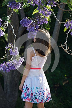 Girl by jacaranda tree