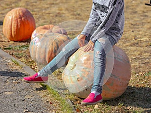 Girl in jeans sitting on a big pumpkin