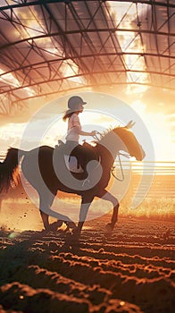 Girl jockey rides majestic horse, sunset silhouette, farm backdrop