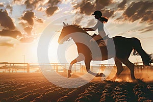 Girl jockey rides majestic horse, sunset silhouette, farm backdrop