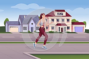 Girl jogging in suburban cityscape scene. Modern town background. Young happy woman running and listening to music on